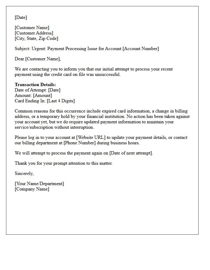 Initial Attempt to Process Credit Card Failed Letter