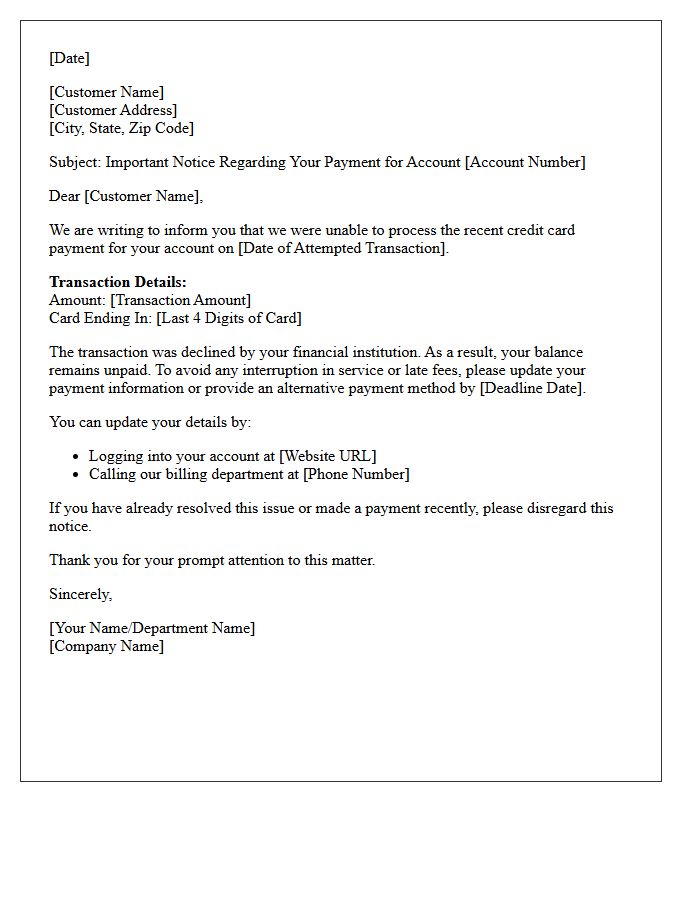 Notice of Unsuccessful Credit Card Billing Letter