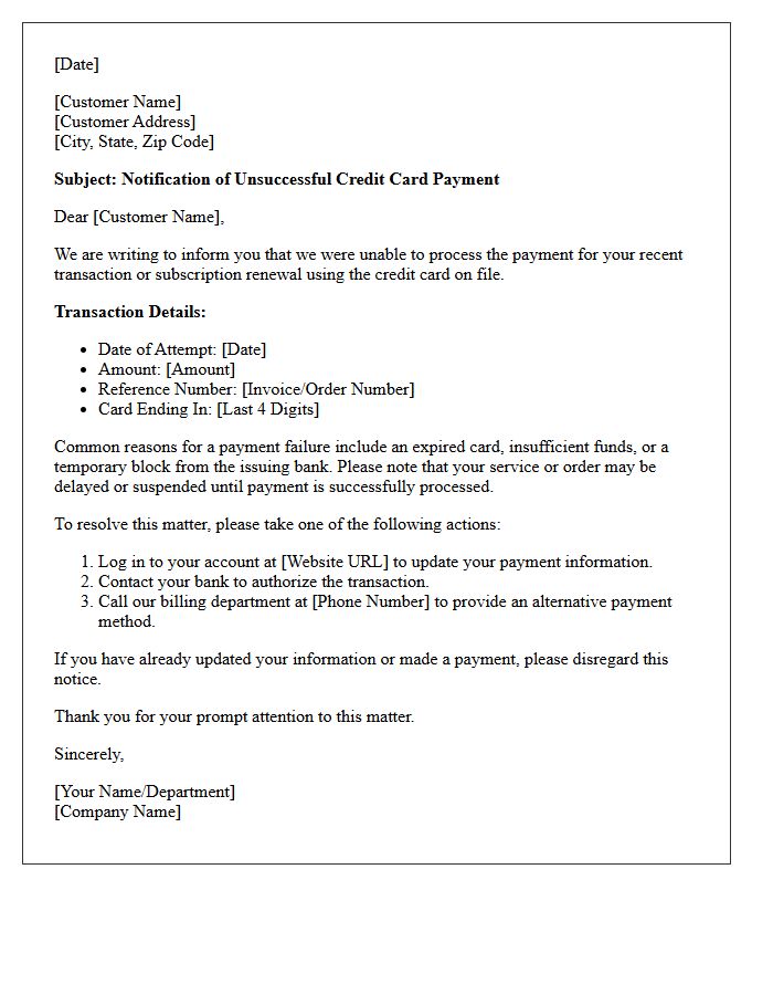Unsuccessful Credit Card Processing Notice Letter