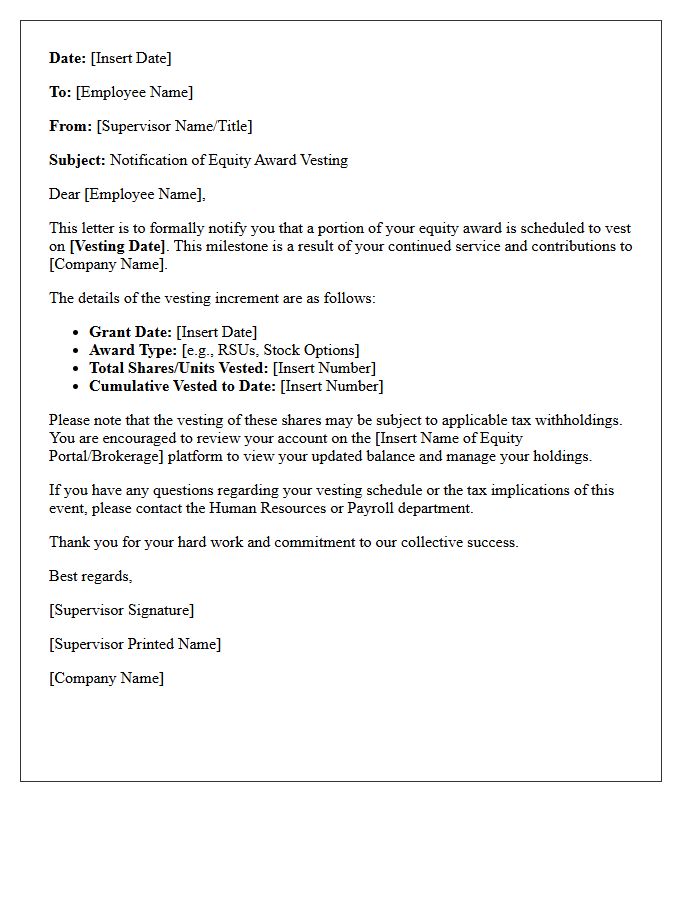 Equity Award Vesting Supervisory Letter