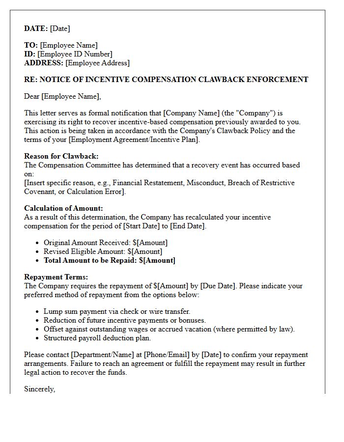 Incentive Compensation Clawback Enforcement Letter
