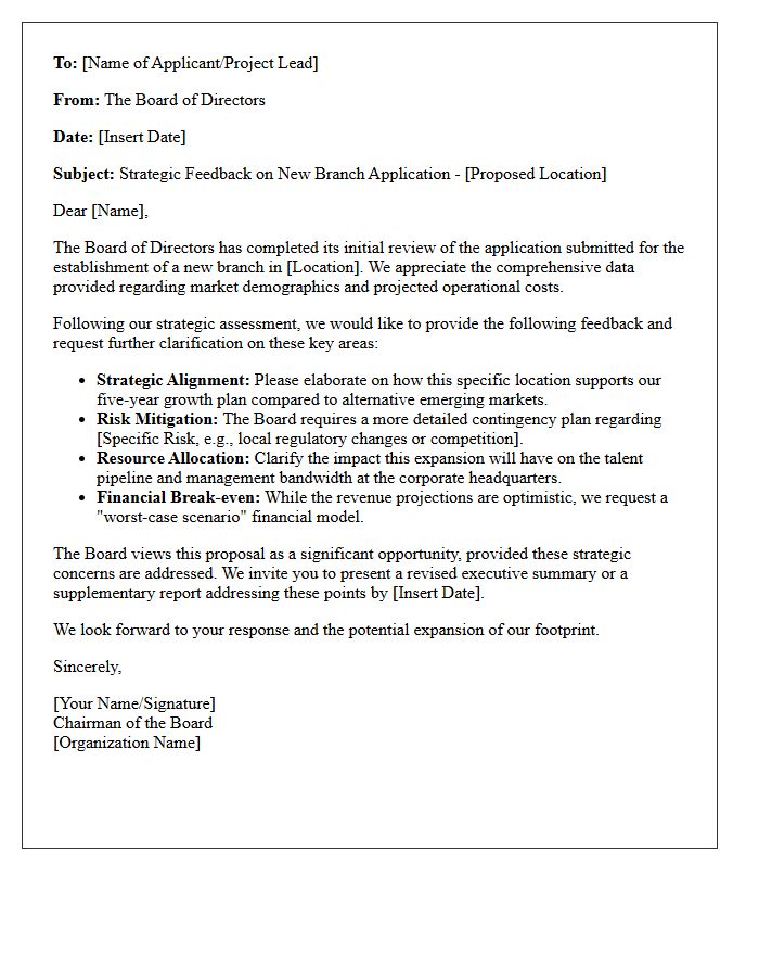 Board of Directors Strategic Feedback Letter for New Branch Application
