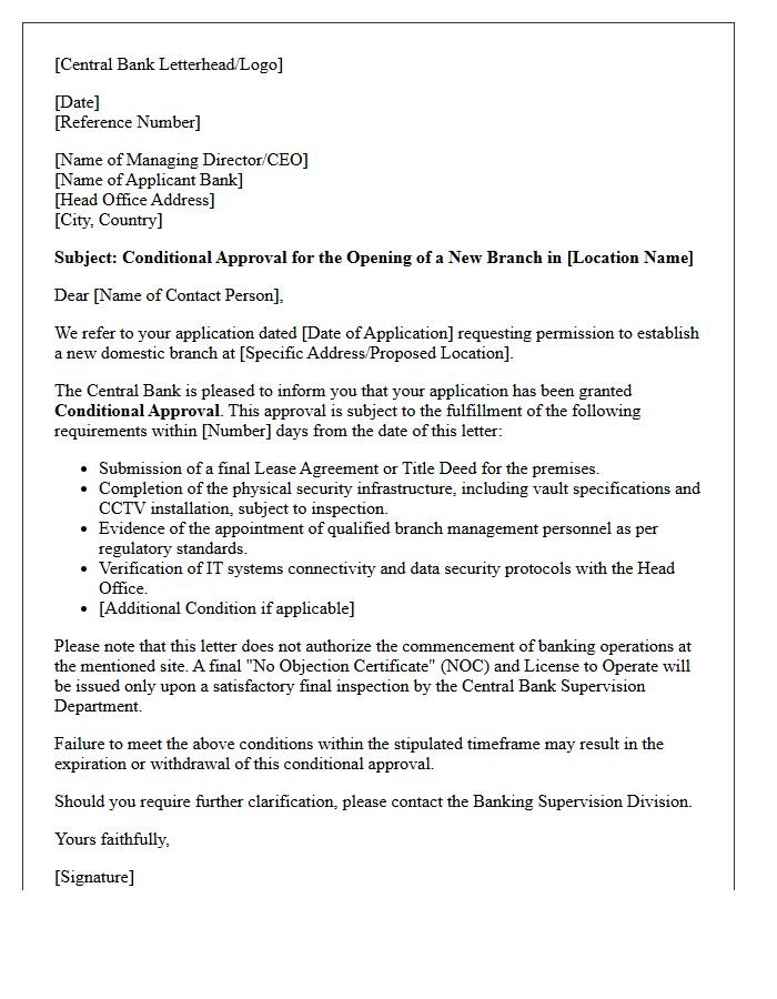 Central Bank Conditional Approval Letter for Proposed Bank Branch