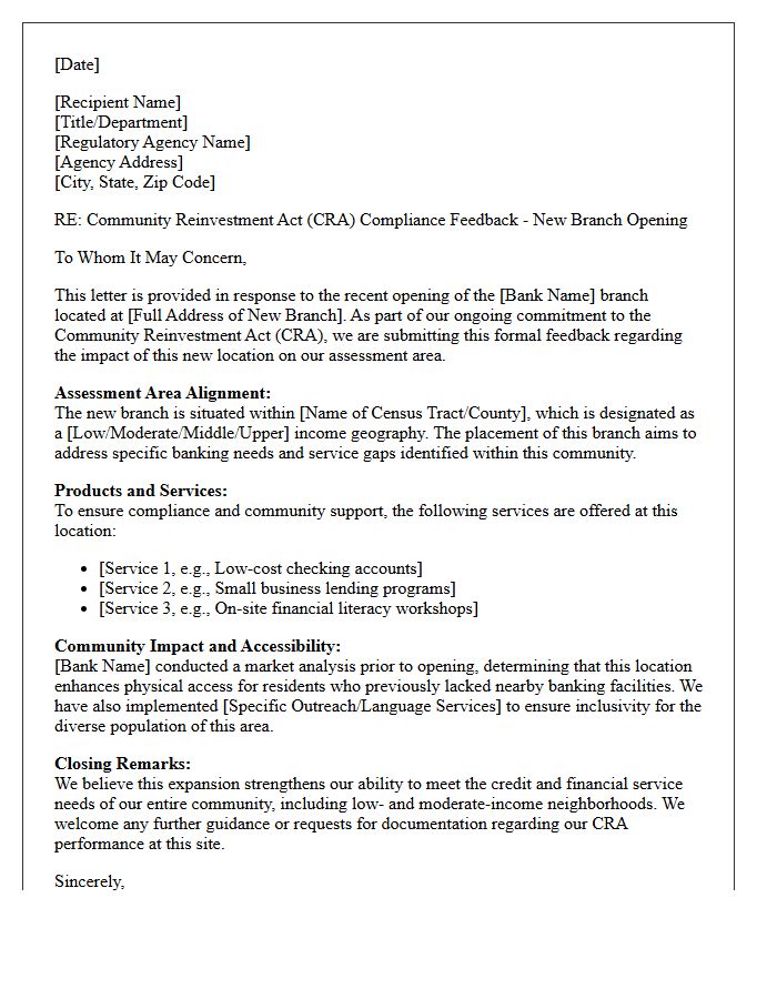 Community Reinvestment Compliance Feedback Letter for New Branch