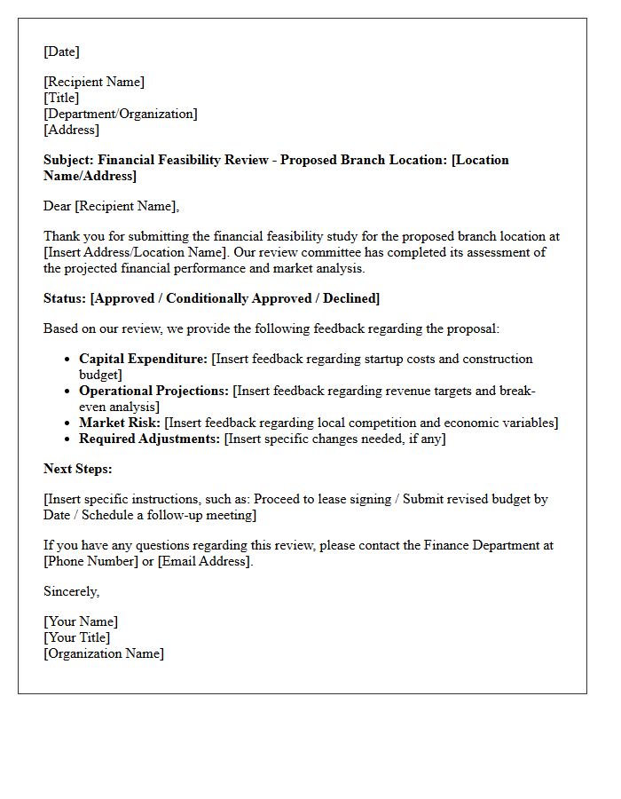 Financial Feasibility Review Feedback Letter for Proposed Branch Location