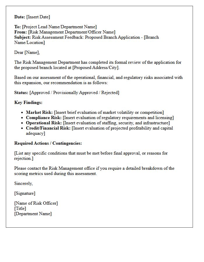 Internal Risk Assessment Feedback Letter for Proposed Branch Application