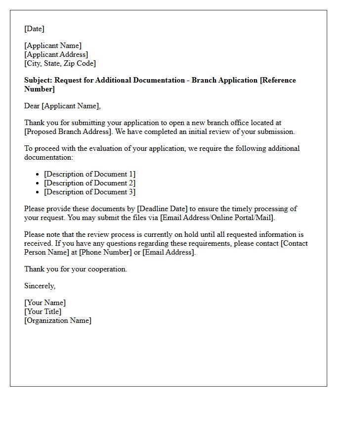 Request for Additional Documentation Letter Regarding Branch Application