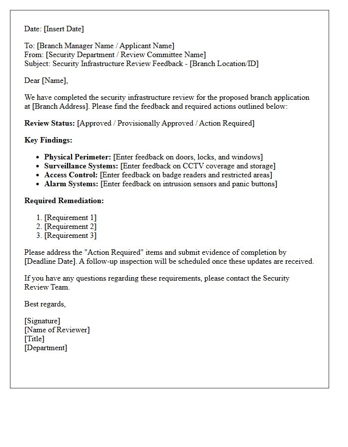 Security Infrastructure Review Feedback Letter for Branch Application