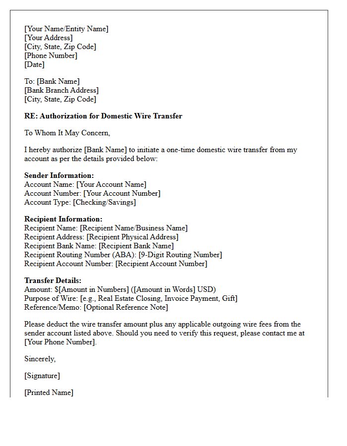Domestic Wire Transfer Authorization Letter