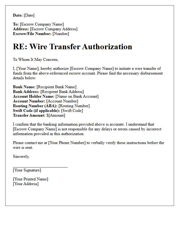 Escrow Wire Transfer Authorization Letter