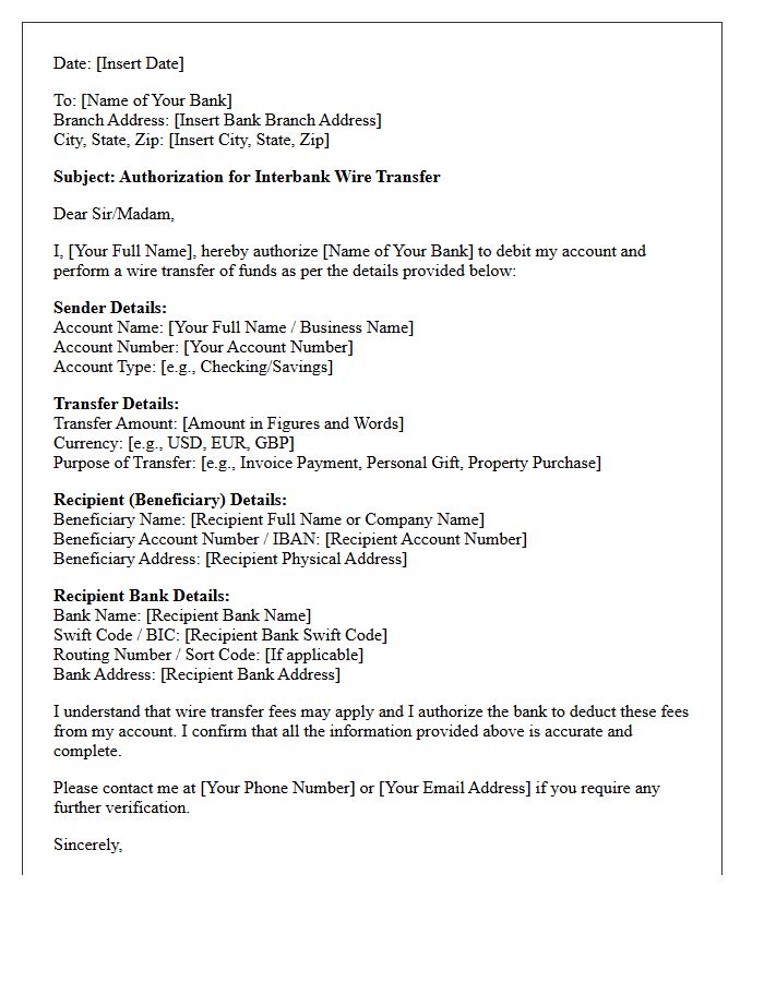 Interbank Wire Transfer Authorization Letter