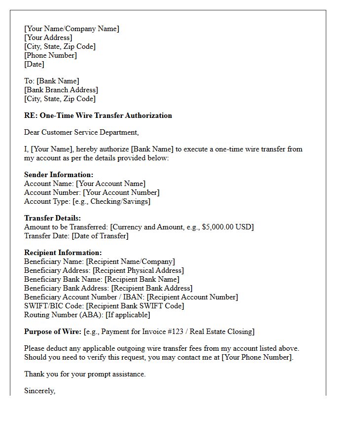 One-Time Wire Transfer Authorization Letter