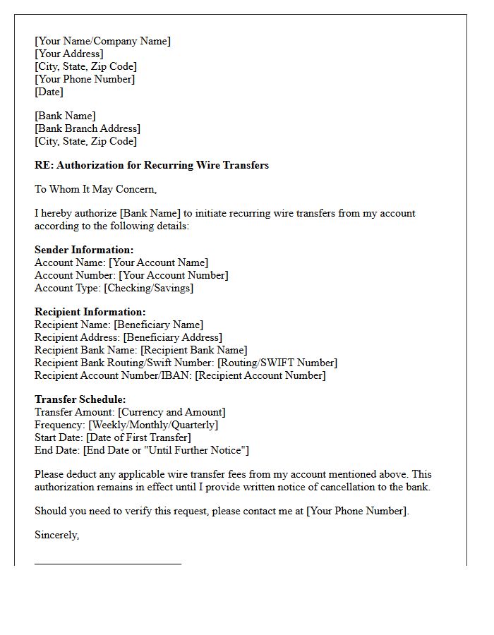 Recurring Wire Transfer Authorization Letter