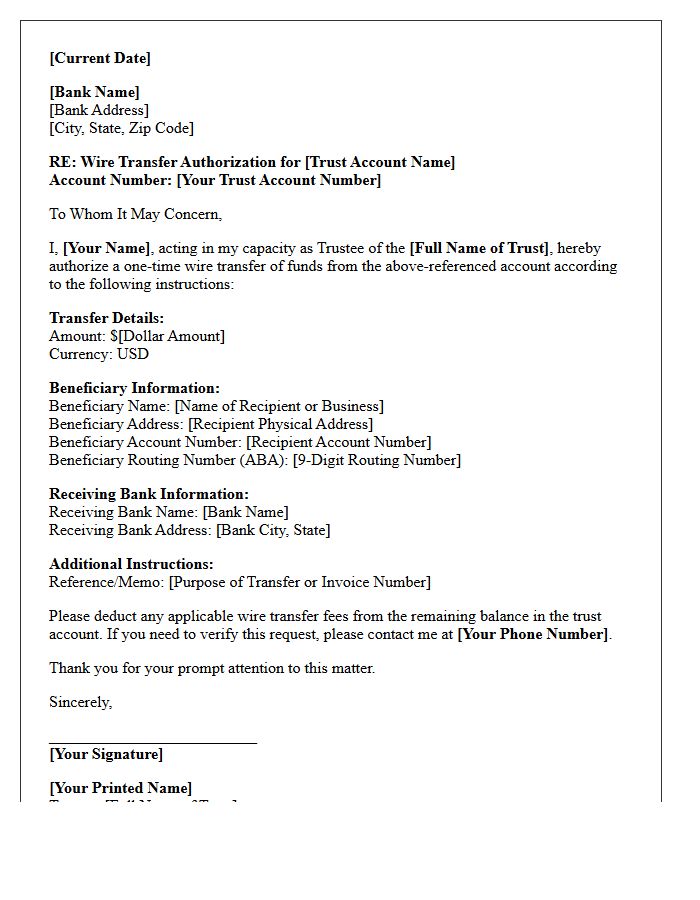 Trust Account Wire Transfer Authorization Letter