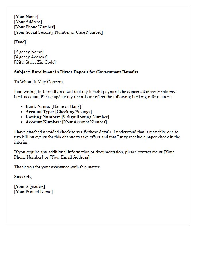 Government Benefits Direct Deposit Enrollment Letter
