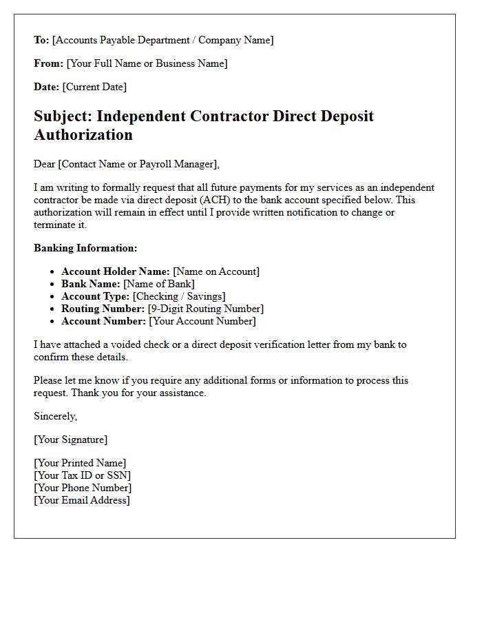 Independent Contractor Direct Deposit Request Letter
