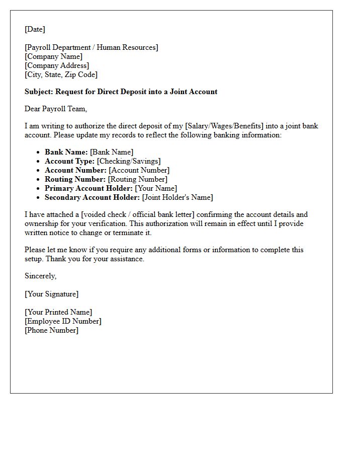 Joint Account Direct Deposit Setup Request Letter