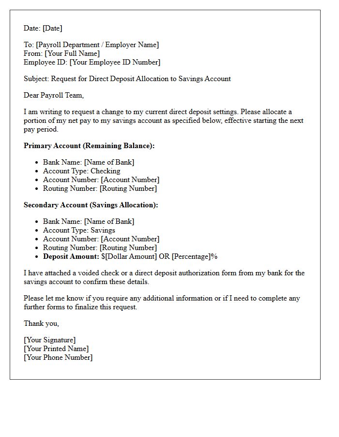 Savings Account Direct Deposit Allocation Letter