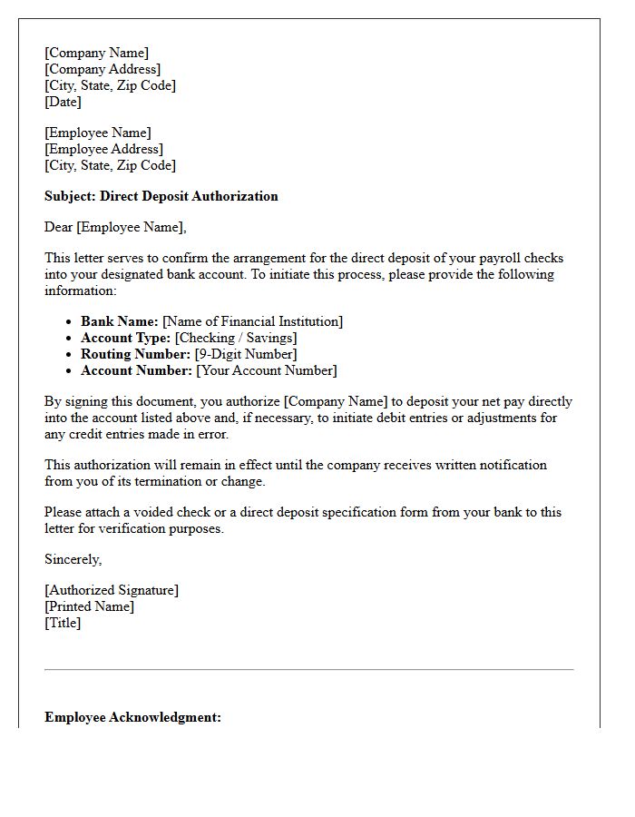 Small Business Direct Deposit Arrangement Letter