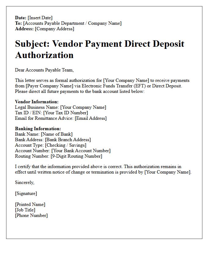Vendor Payment Direct Deposit Authorization Letter