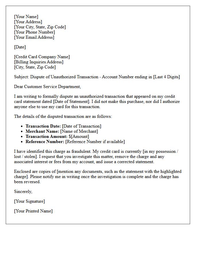 Credit Card Unauthorized Transaction Letter