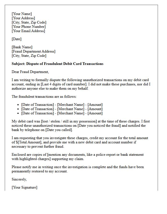 Debit Card Fraud Dispute Letter