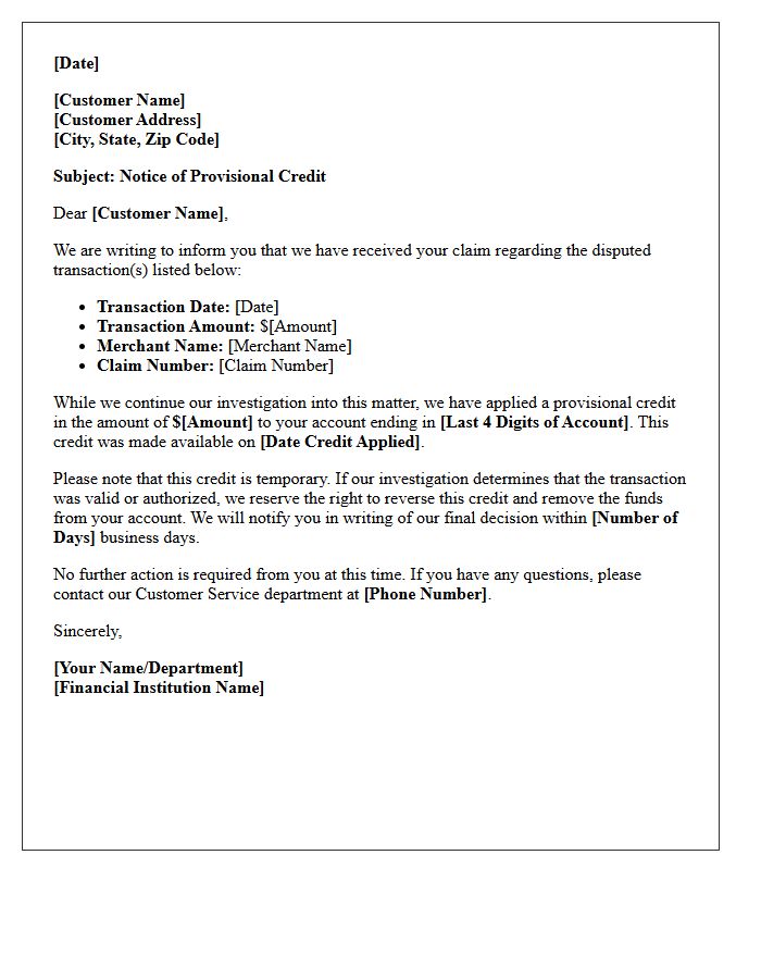 Provisional Credit Issuance Letter