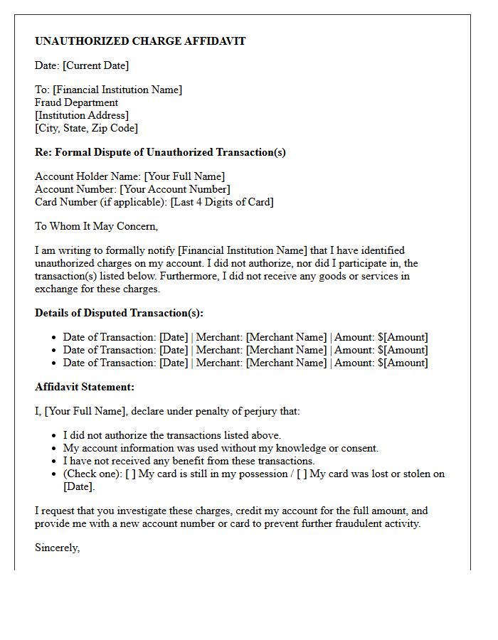 Unauthorized Charge Affidavit Letter