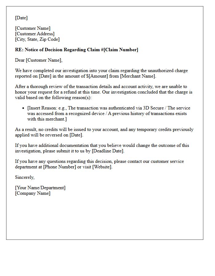 Unauthorized Charge Claim Denial Letter