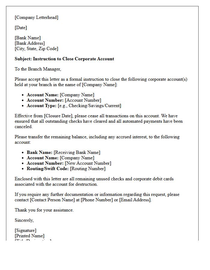 Corporate Account Closure Instruction Letter