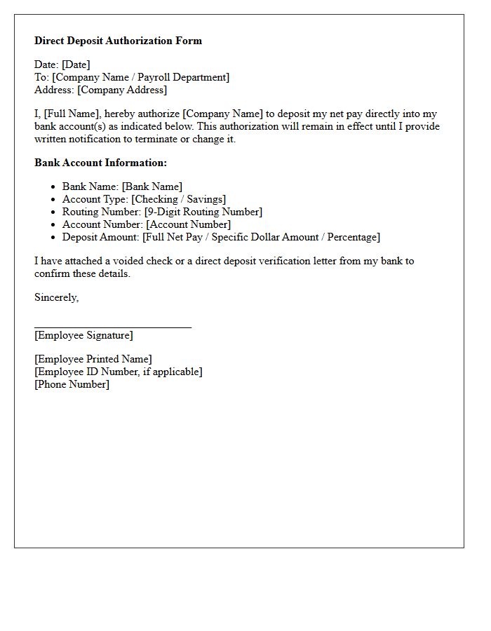 Direct Deposit Setup Authorization Letter