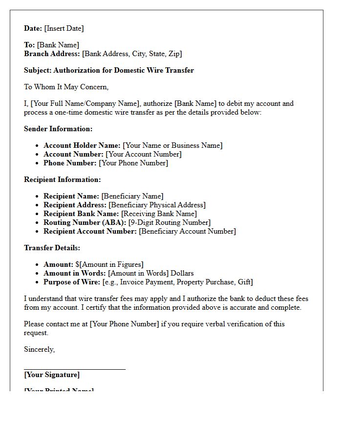 Domestic Wire Transfer Authorization Letter