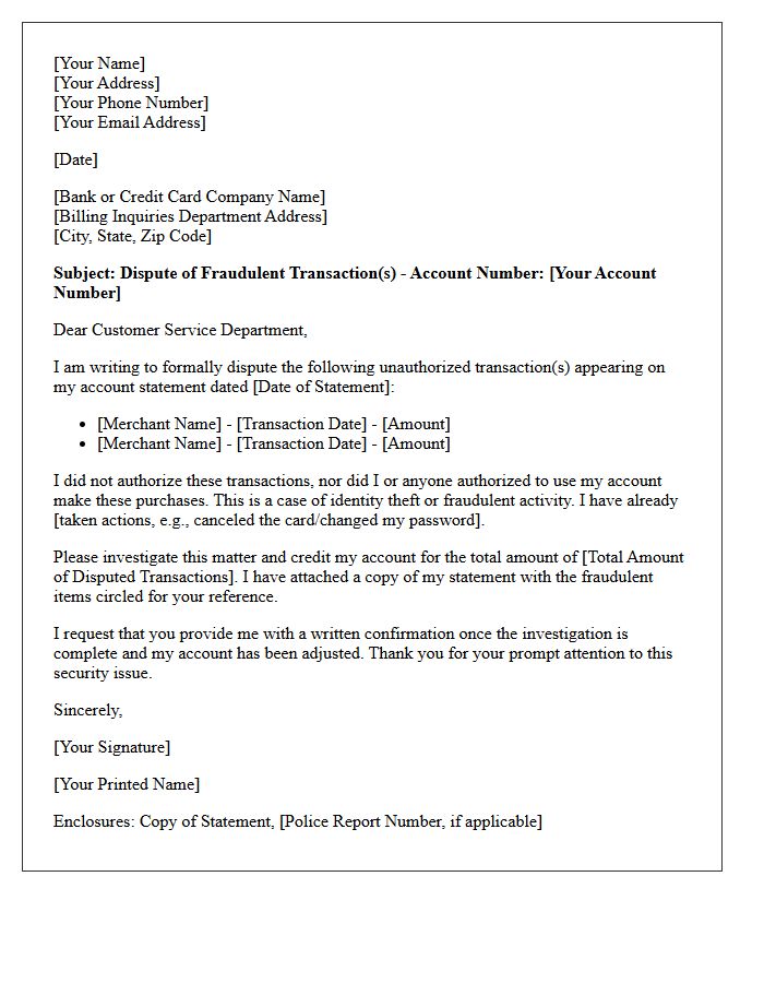 Fraudulent Transaction Dispute Claim Letter
