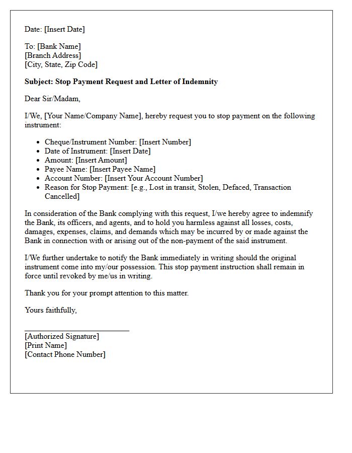 Stop Payment Request And Indemnity Letter