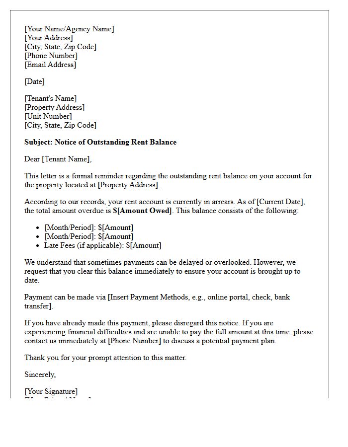 Account Balance Rent Arrears Reminder Letter
