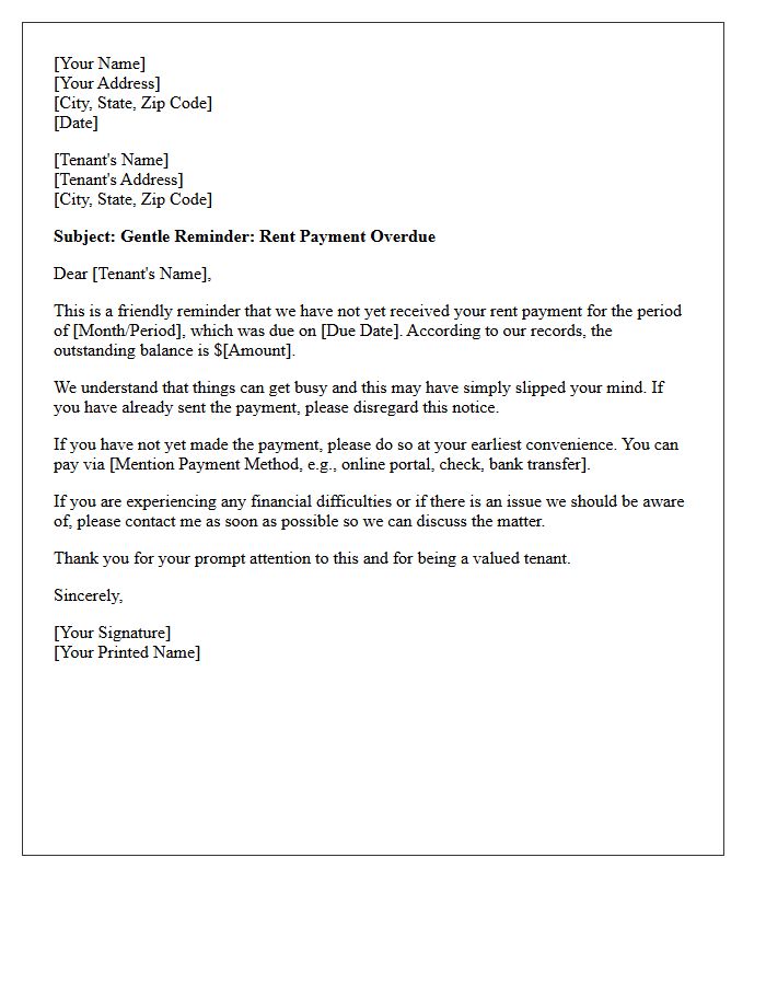 Gentle Reminder for Overdue Rent Letter