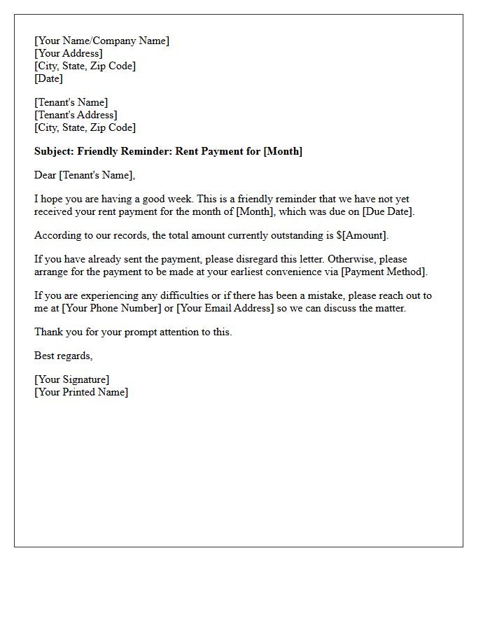 Missed Rent Payment Friendly Follow-Up Letter