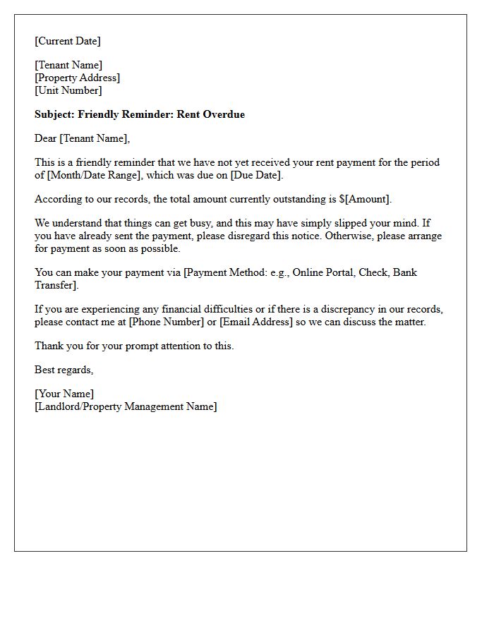 Tenant Overdue Rent Friendly Reminder Letter