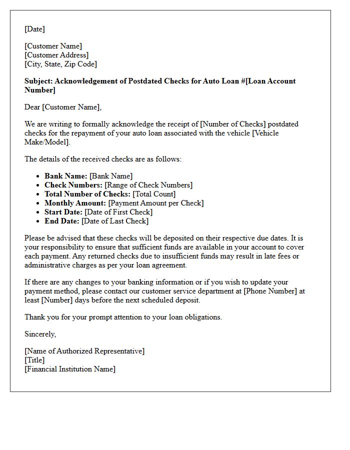 Auto Loan Postdated Check Acceptance Letter