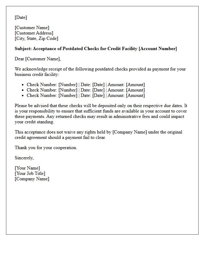 Business Credit Facility Postdated Check Acceptance Letter