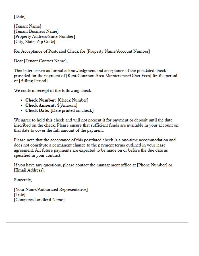 Commercial Real Estate Postdated Check Acceptance Letter