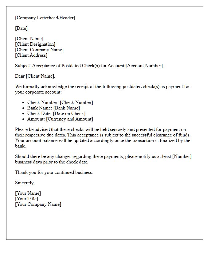 Corporate Account Postdated Check Acceptance Letter