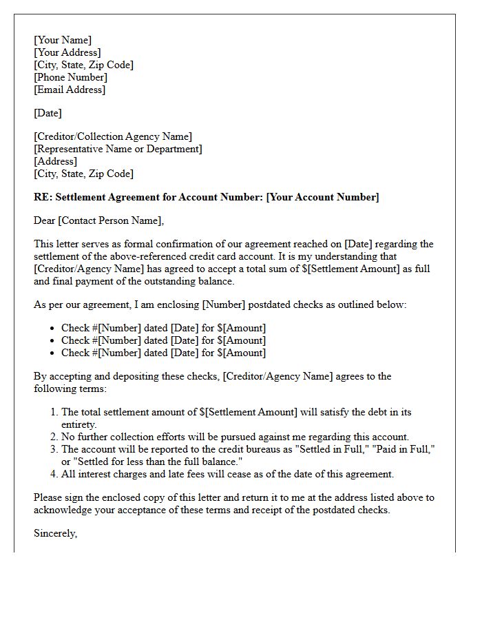 Credit Card Settlement Postdated Check Acceptance Letter