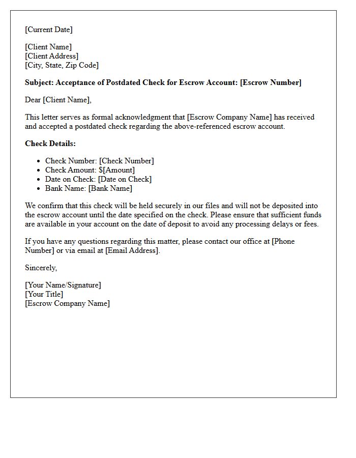 Escrow Services Postdated Check Acceptance Letter