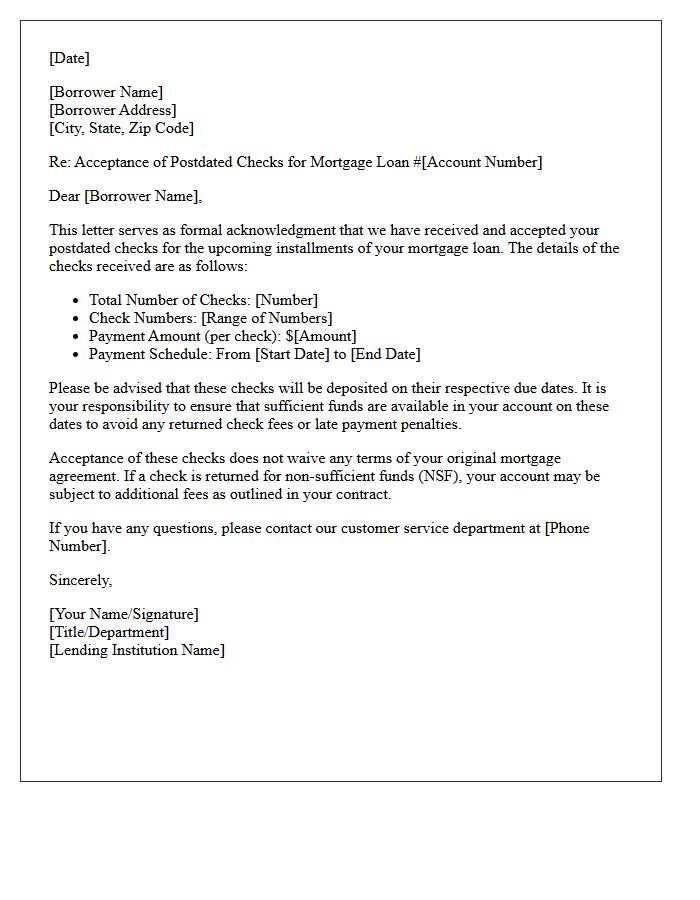 Mortgage Installment Postdated Check Acceptance Letter