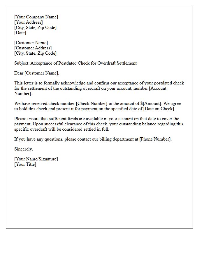 Overdraft Settlement Postdated Check Acceptance Letter