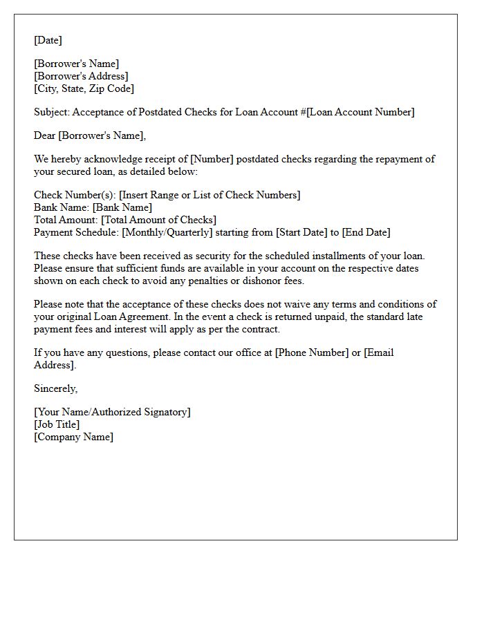 Secured Loan Postdated Check Acceptance Letter