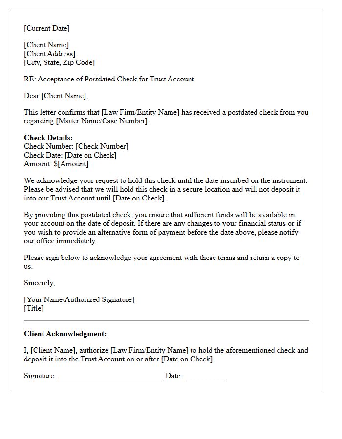 Trust Account Postdated Check Acceptance Letter