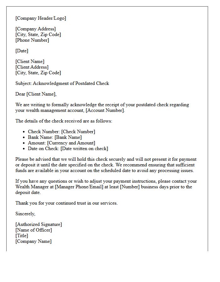 Wealth Management Postdated Check Acceptance Letter