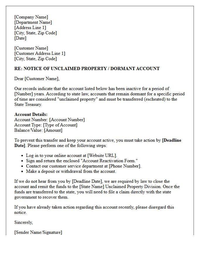Escheatment and Dormant Account Transfer Letter
